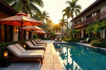 Serene tropical resort with inviting pool and luxurious lounge chairs at sunset