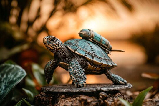A quirky bronze sculpture of a turtle wearing a jetpack, standing on a tiny launchpad, placed in a garden