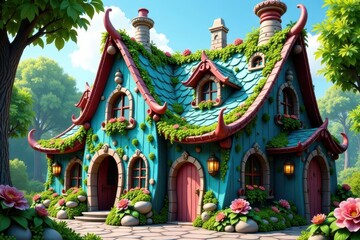 Naklejka premium Enchanted Cottage in a Lush Green Forest Setting A Whimsical Home with a Vibrant Teal Exterior and a Roof Adorned with Blooming Plants
