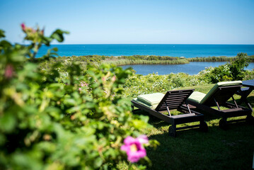 Relaxing Coastal View with Lounge Chairs by the Ocean