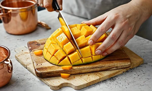 A knife carefully cutting mango into grid-like patterns