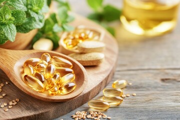 A senior couple taking Omega-3 supplements at the breakfast table, with glasses of water and a cheerful atmosphere
