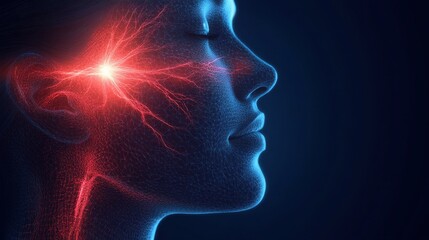A combination of a realistic face rendering and a labeled trigeminal nerve diagram, with pain illustrated as a glowing red zone and text providing insights into neuralgia and its m illustration