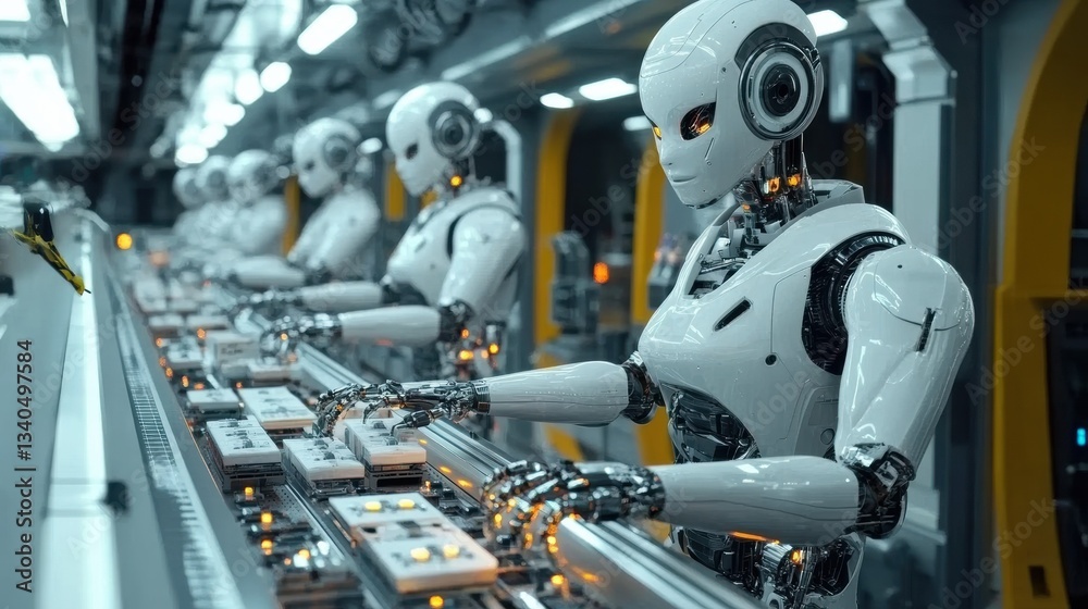 Poster humanoid robots at work in a modern ai powered robotics factory assembly line