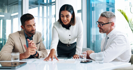 Discussion, financial portfolio or business people in meeting for teamwork, investment profit or paperwork. Online, research or budget analyst with economist for audit feedback, planning or project