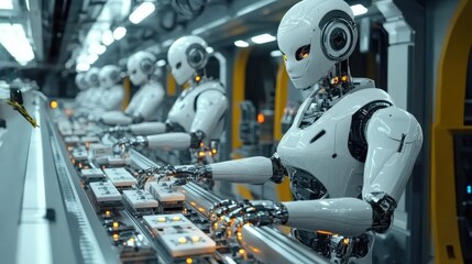 Fototapeta premium Humanoid Robots at Work in a Modern AI Powered Robotics Factory Assembly Line