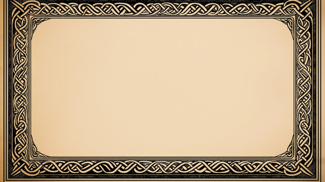 Black intricate viking inspired border design framing old parchment background, creating antique, historical feel.