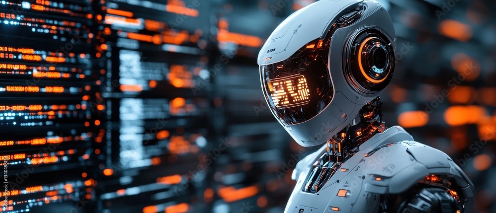Poster futuristic robot representing digital automation with ai technology elements