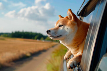 Shiba Inu dog looking out of car window