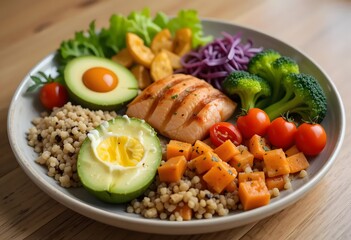 Healthy Balanced Plate with Fresh Vegetables and Protein. Fresh and Nutritious Buddha Bowl with Salmon and Greens