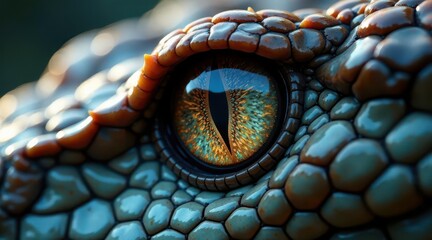 Close-up of a reptile's eye and textured skin, showcasing intricate details and vibrant colors.