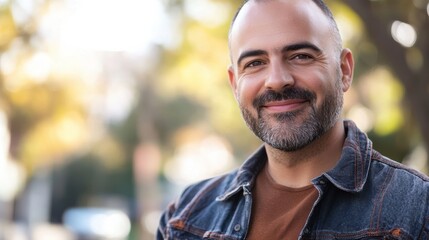 Fototapeta premium Handsome mid adult man smiling and looking at camera. Portrait of happy young casual man. Close up portrait of hispanic guy standing outdoor.
