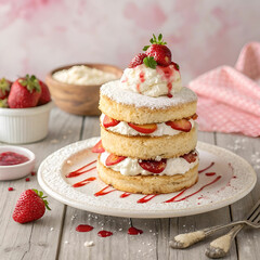 A beautifully layered strawberry shortcake on a decorative cake stand, topped with fresh strawberries and whipped cream.