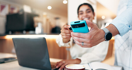 Customer, hand and waiter with pos machine at coffee shop for payment, NFC transaction or wireless...