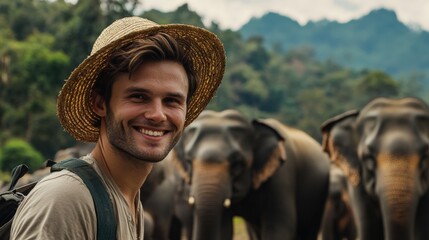 The elephants are of various sizes and are standing in a line behind the man