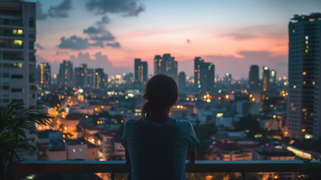 Woman is sitting on a balcony overlooking a city at sunset