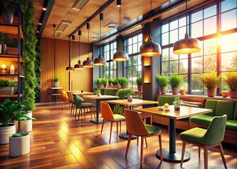 Fototapeta premium Modern Cafe Restaurant Interior Design, 3D Render, Cozy Atmosphere, Empty Tables, Copy Space