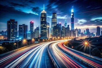 Fototapeta premium Modern City Skyline Silhouette Long Exposure Photography - Night Cityscape