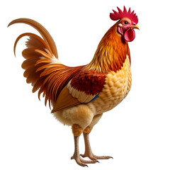 Fototapeta premium Regal rooster portrait, detailed plumage, warm tones. Farm animal for food, agriculture, design. Isolated on transparent background.