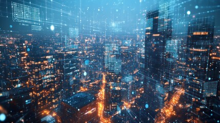 Futuristic city at night with digital overlay. Aerial view. Stock photo for technology, innovation, urban planning