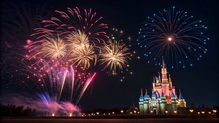 Magical Night Fireworks: A dazzling display of colorful fireworks illuminates the night sky above a majestic castle, creating a spectacle of wonder and celebration.
