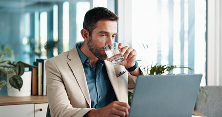 Office, businessman and laptop with water to drink, financial report and auditing for corporate...
