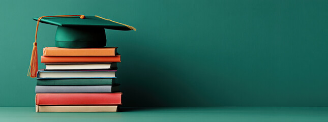 Fototapeta premium Graduation cap, books, and diploma on a desk with a chalkboard in the background, symbolizing education and learning