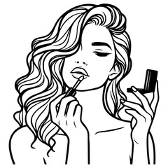 Woman Apply Lipstick Line Art.