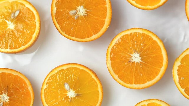 Close up video of mandarin slices surrounded by water ripples. White background with half oranges placed on water waves.
