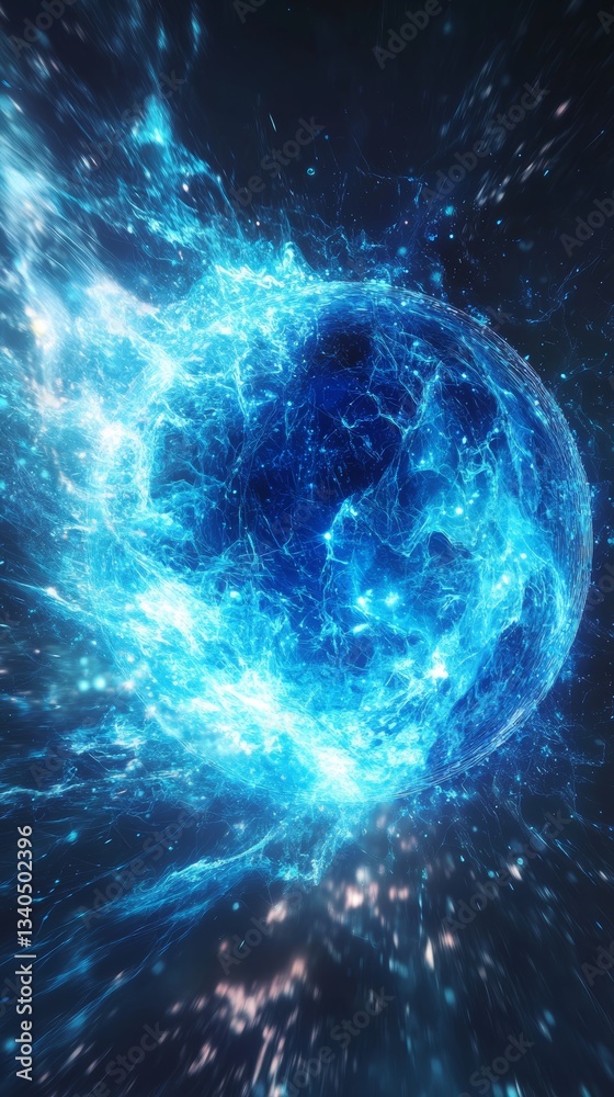 Poster glowing blue energy sphere in dark space with abstract light patterns, cosmic concept