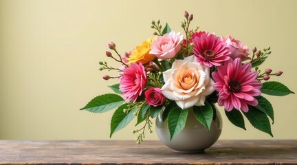Fototapeta premium A delightful arrangement of vibrant roses and gerbera daisies in a simple yet elegant vase, adding a touch of natural beauty to any space.