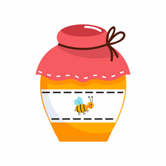 jar of honey on white background. Cartoon illustration on theme of beekeeping.