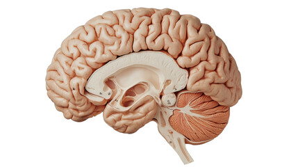 Realistic human brain showing internal structures on transparent background