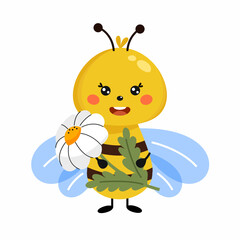 funny cute bee holds flower in its paws. Vector children's illustration in cartoon style.