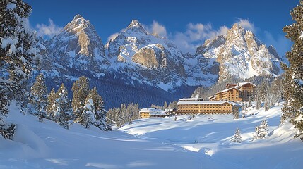 Snowy mountain resort, Alpine lodge, winter scene, serene landscape, travel destination