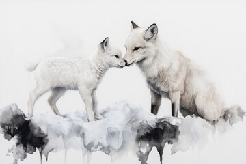 A whimsical drawing of a Northern Whale Deer calf standing on an iceberg with an Arctic fox, surrounded by soft snowflakes on a white background