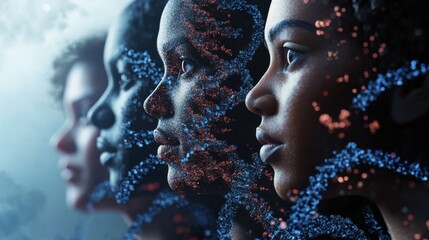 Diverse group of people with dna strands, symbolizing genealogy and genetic heritage.