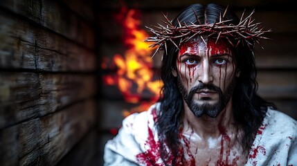 Jesus Christ, Crown of Thorns, Suffering, Fire Background, Religious Art