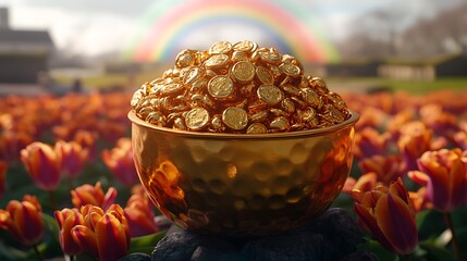 Golden coins in bowl, rainbow background, tulip flowers, treasure, luck