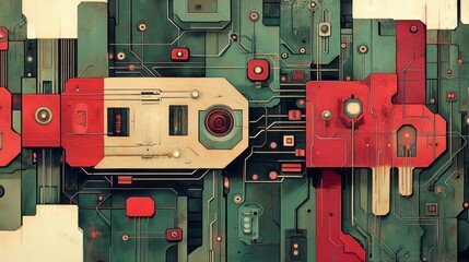 Abstract circuit board design features retro style components