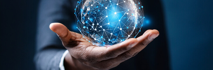 IT Consulting. Hand of man holding a global network connection, showcasing advanced technology solutions, seamless data integration, secure cloud computing, and digital transformation strategies.