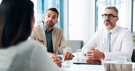 Analyst, financial discussion or business people in meeting for teamwork, investment profit or...