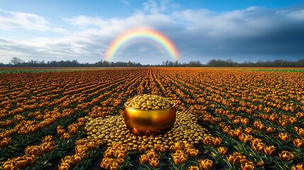 Golden treasure pot in tulip field, rainbow background, lucky find