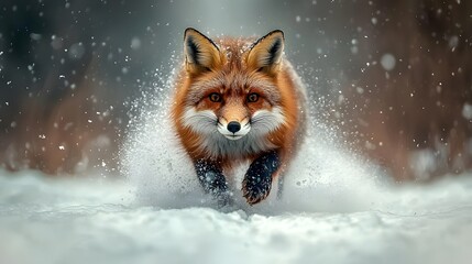 Fototapeta premium Striking Contrast of a Vibrant Red Fox Trotting Across a Snow Covered Meadow in a Scenic Winter Landscape