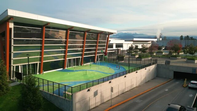 A drone shot of the port coquitlam community center.