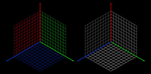 3D Cartesian Coordinate System. Isometric XYZ 3D Orthographic Grid. Colored X, Y and Z Axis Planes. Red, Green and Blue Planes. Vector Illustration.