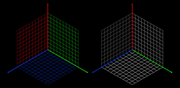 3D Cartesian Coordinate System. Isometric XYZ 3D Orthographic Grid. Colored X, Y and Z Axis Planes. Red, Green and Blue Planes. Vector Illustration.