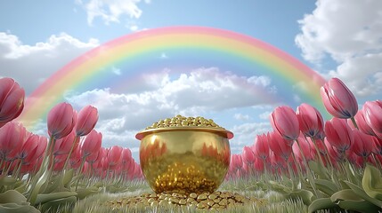 Golden pot of coins in a field of tulips under a rainbow