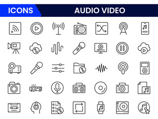 Audio Video icon set. Line icon collection set. Music, Cinema, File, Song, Movie and more. Simple vector icons. Vector illustration