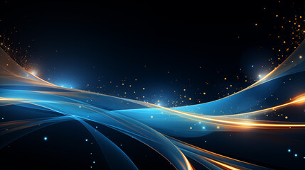 Abstract glowing stars, geometric lines, in light tones, golden, blue, light blue, white, on a black background, copy space, color image, base, banner, without people, waves, ai